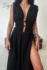 Ingvn - Sexy Bohemian Solid Slit V Neck Beach Dresses