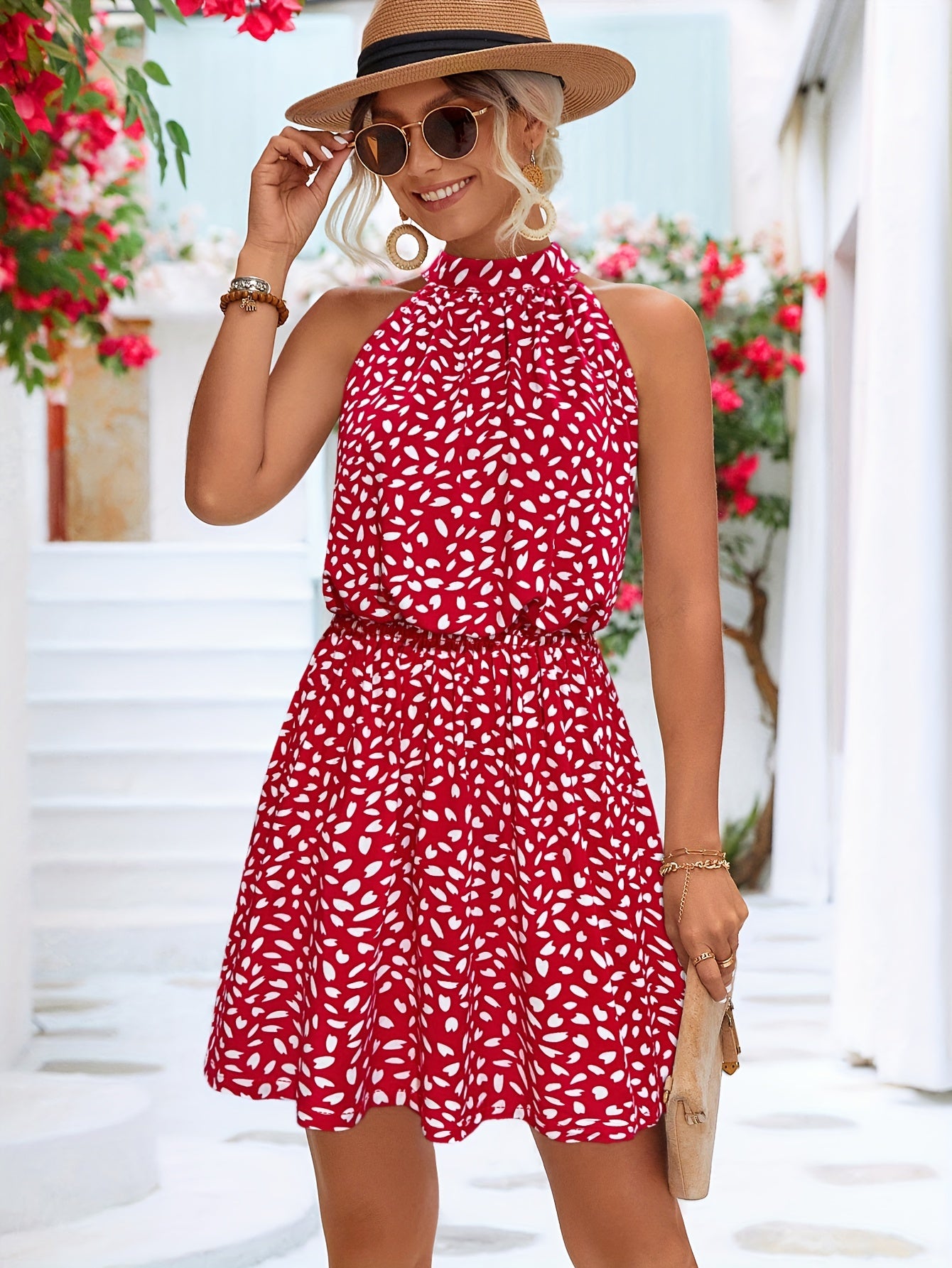 Stylish Spring & Summer Essential: Hearts Print Halter Neck Dress, Sleeveless Bow Back Slim Fit Casual Dress for Women