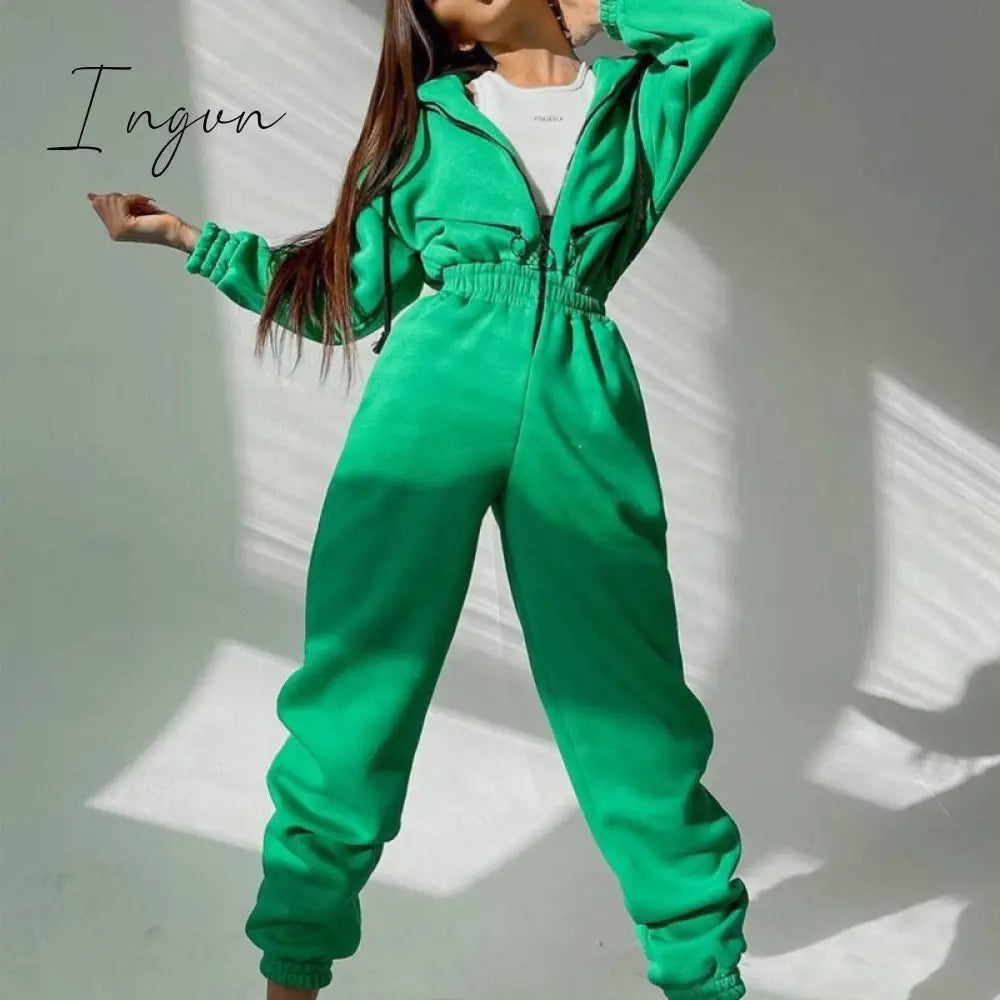 Ingvn - Casual Women Basic Hoodie Two Piece Sets Zipper Drawstring Jacket Outerwear And Elastic Pencil Pant Suit Autumn Winter Tracksuit
