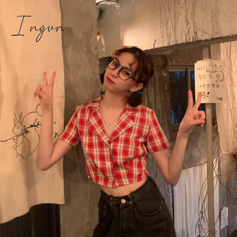 Ingvn - Summer blouse women vintage crop shirt streetwear plaid ladies tops elegant button up shirt korean crop top red