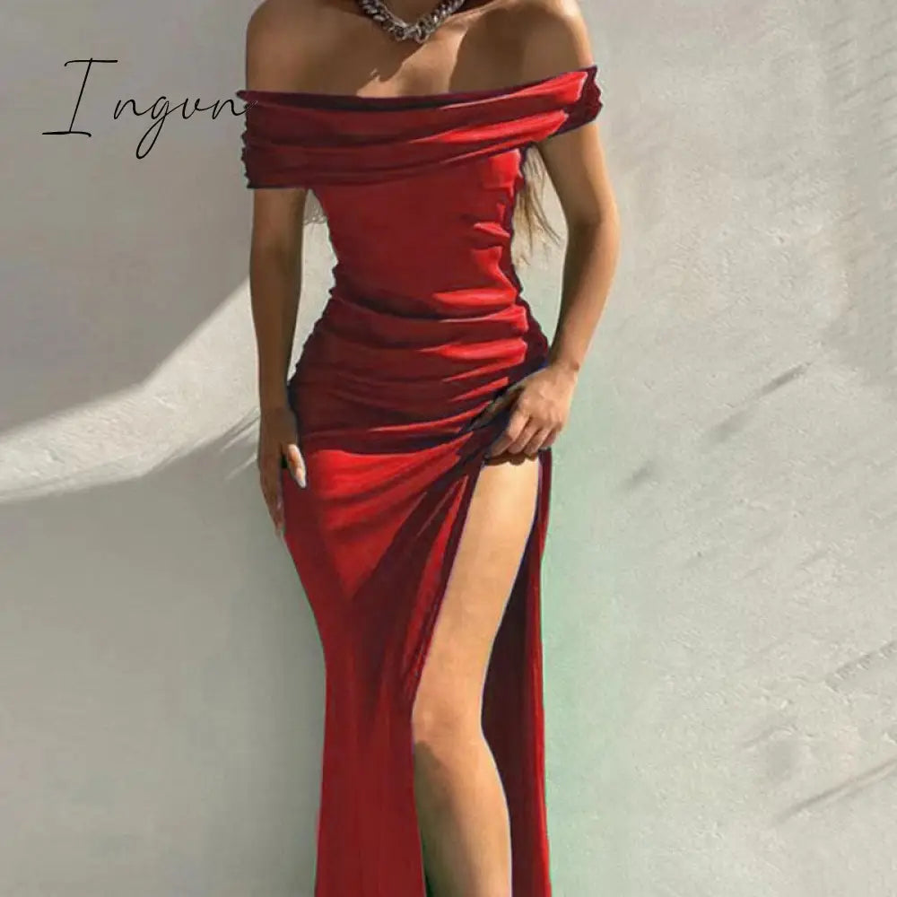 Ingvn - Summer Off Shoulder Elegant Sexy High Slit Evening Dresses Women Fashion Solid Slim Prom Party Dress Vestido Feminino Robe Femme
