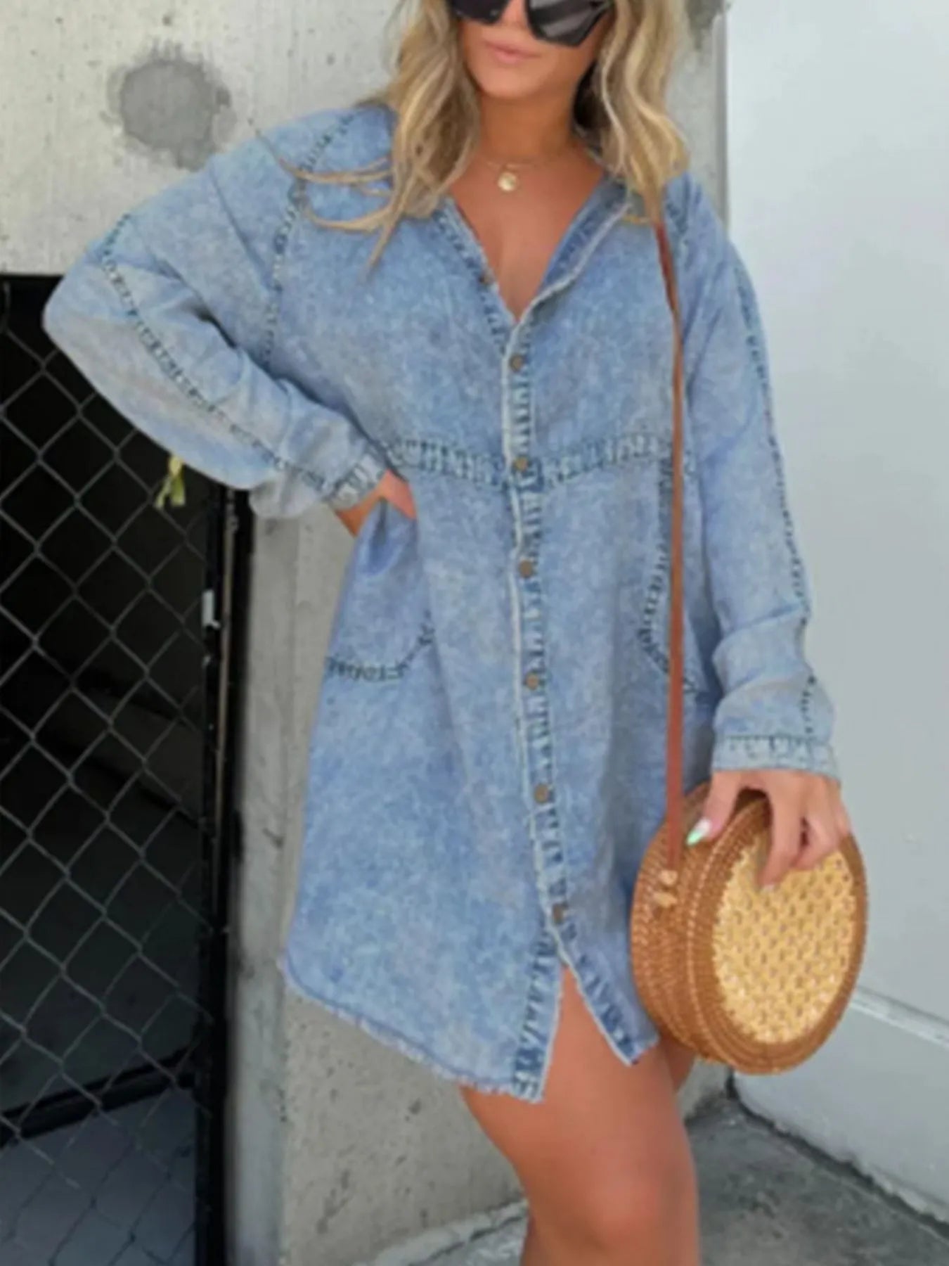 Full Size Button-Front Long Sleeve Denim Shirt Dress Plus Size