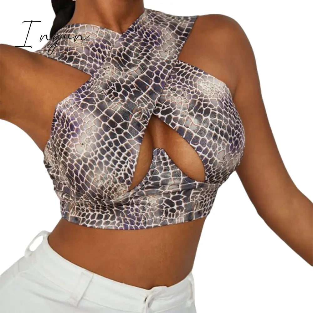Ingvn - Women's Criss Cross Tank Tops Sexy Sleeveless Solid Color Cutout Front Crop Tops Party Club Streetwear Summer Lady Bustier Tops