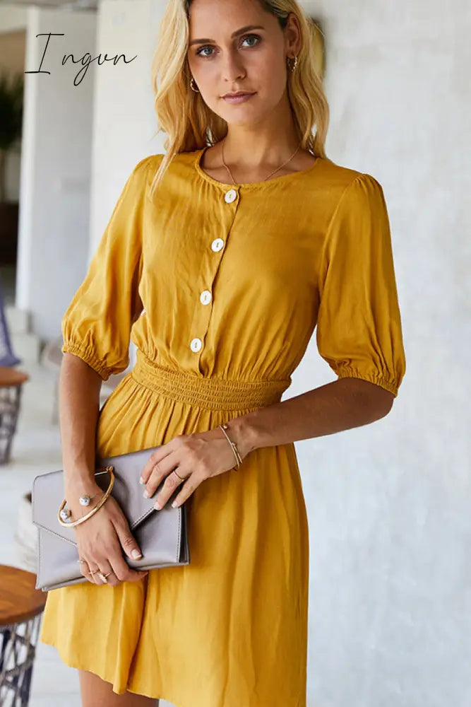 Ingvn - High Neck Button Smocked Waist Romper