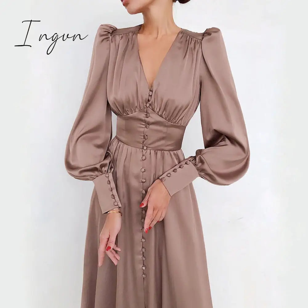 Ingvn - Women Autumn Puff Sleeve Elegant Dress Long Sleeve V Neck Slim Waist Long Dress Korean Fashion Vintage Dresses Female