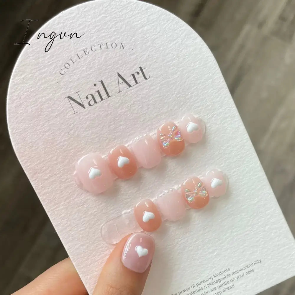 Bow Ice Translucent Sense Handmade Wearable Fake Nail Gradient AB Asymmetric Almond False Nails Trim Nail Shape Nail Decoration