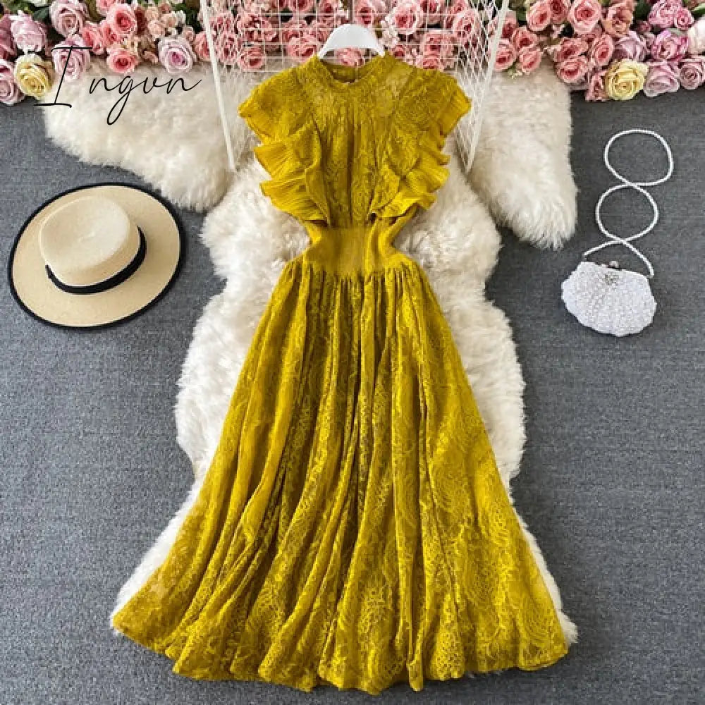 Ingvn - Vintage Purple/Green/Red Lace Midi Dress Women Sweet Round Neck Ruffle Vestidos Female High Waist Slim Robe Spring Autumn