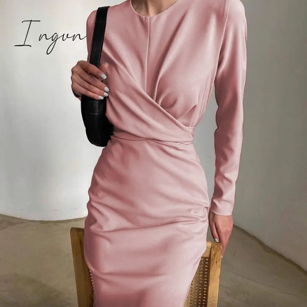 Ingvn - Autumn Elegant Women's French Dress Fashion Long Sleeves Casual Solid Color Dresses New High Waist Office Ladeis Party Vestidos