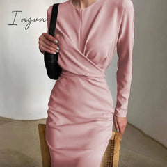 Ingvn - Autumn Elegant Women's French Dress Fashion Long Sleeves Casual Solid Color Dresses New High Waist Office Ladeis Party Vestidos