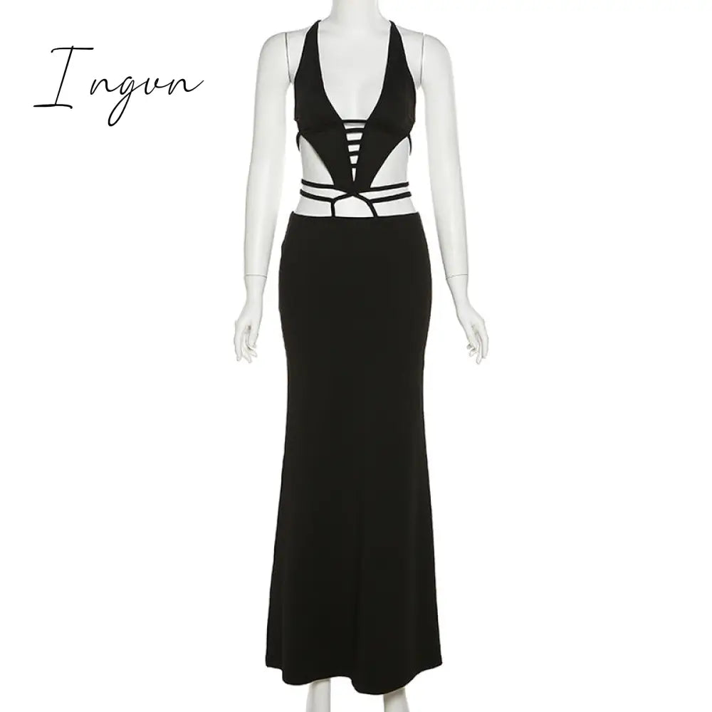 Ingvn - Sexy Bandage Hollow Out Slip Maxi Dress for Women Party Club Elegant Outfits Summer Holiday Backless Dresses Slim