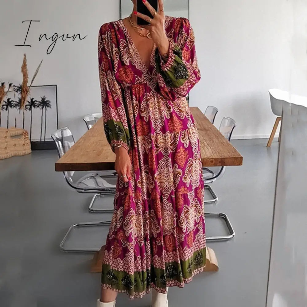 Ingvn - Women Fashion Pattern Printed Dress Autumn Office Casual Long Sleeve Pleated Dress Lady Vintage Loose High Waist Dresses Vestido