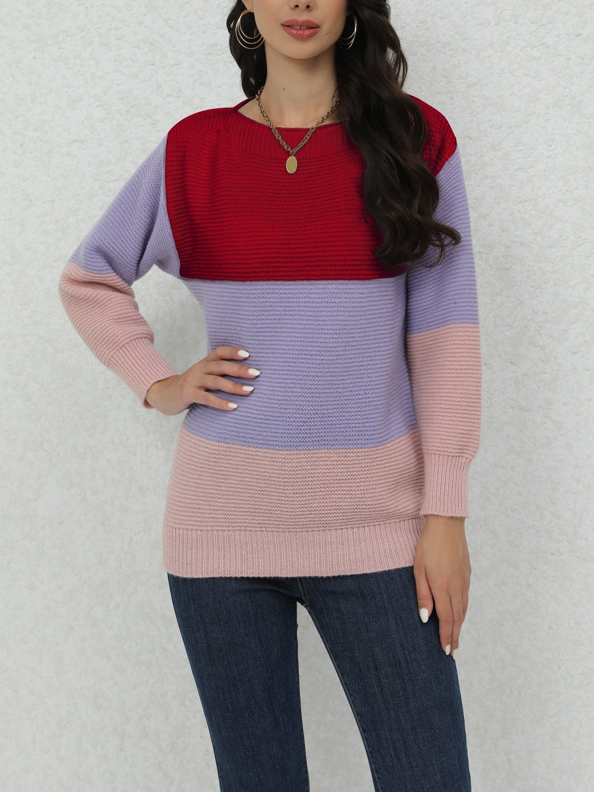 Color Block Boat Neck Pullover Sweater, Casual Long Sleeve Loose Sweater, Women's Clothing