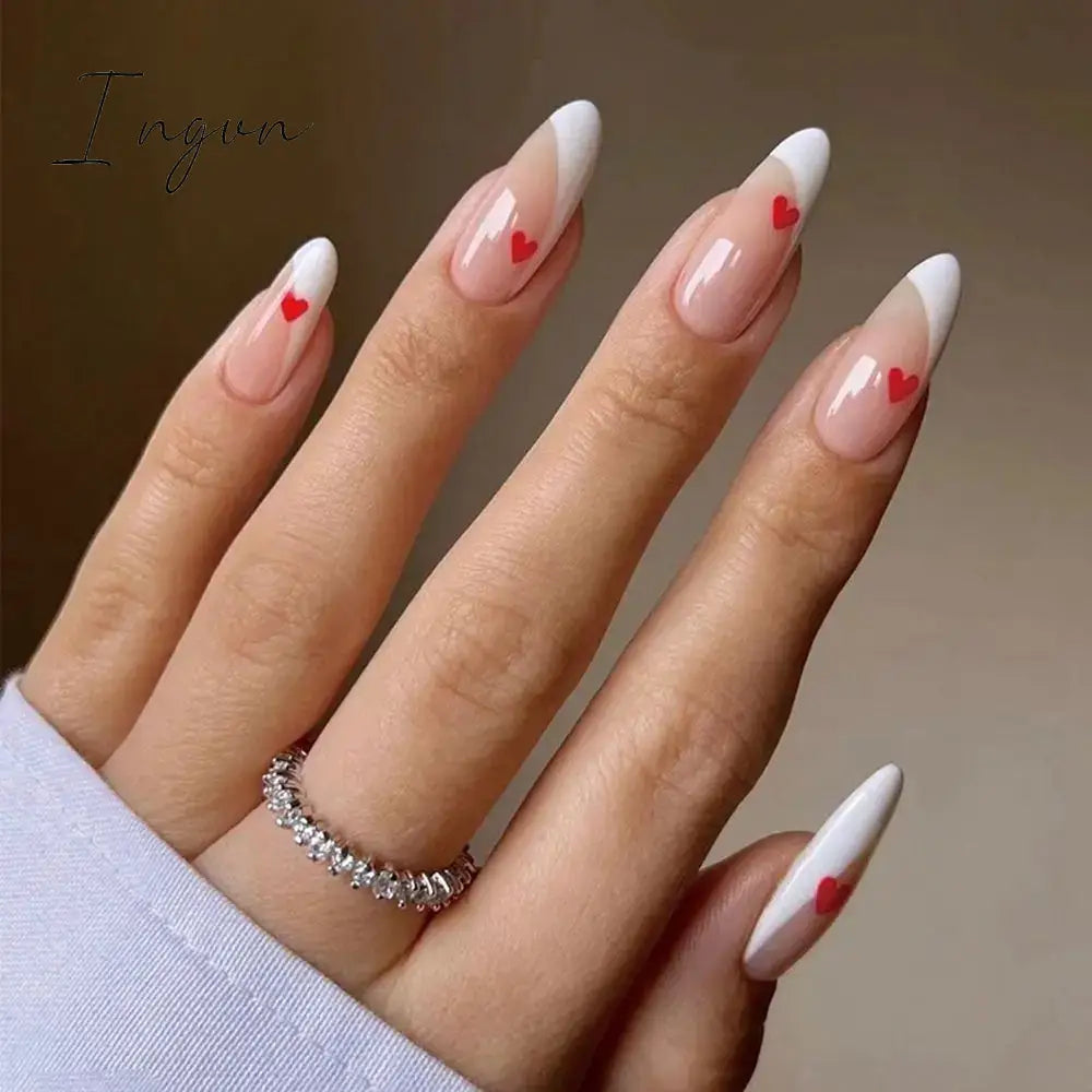 24pcs/Box Almond False Nails Press On Nails Detachable Fake Nail Tip gold heart with Design Manicure Patches Press On Nails