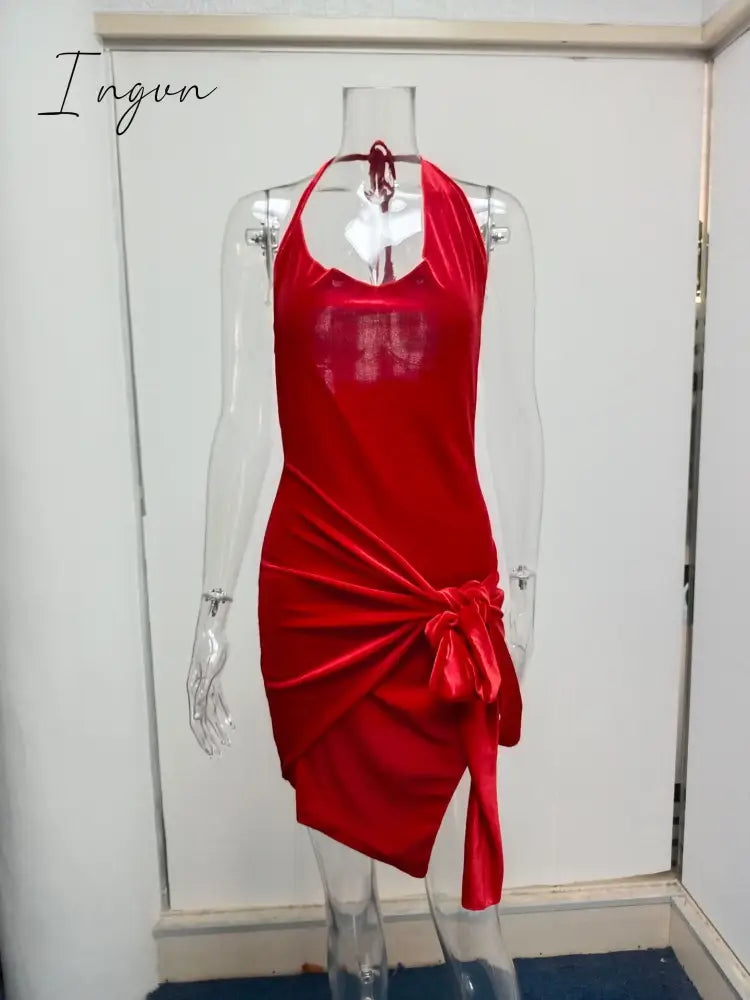 Ingvn - 2023 Summer New Women's Wear Halter Neck Hollow Strappy Slit Sexy Fashion Dress Sexy Backless Irregular Strappy Evening Dress