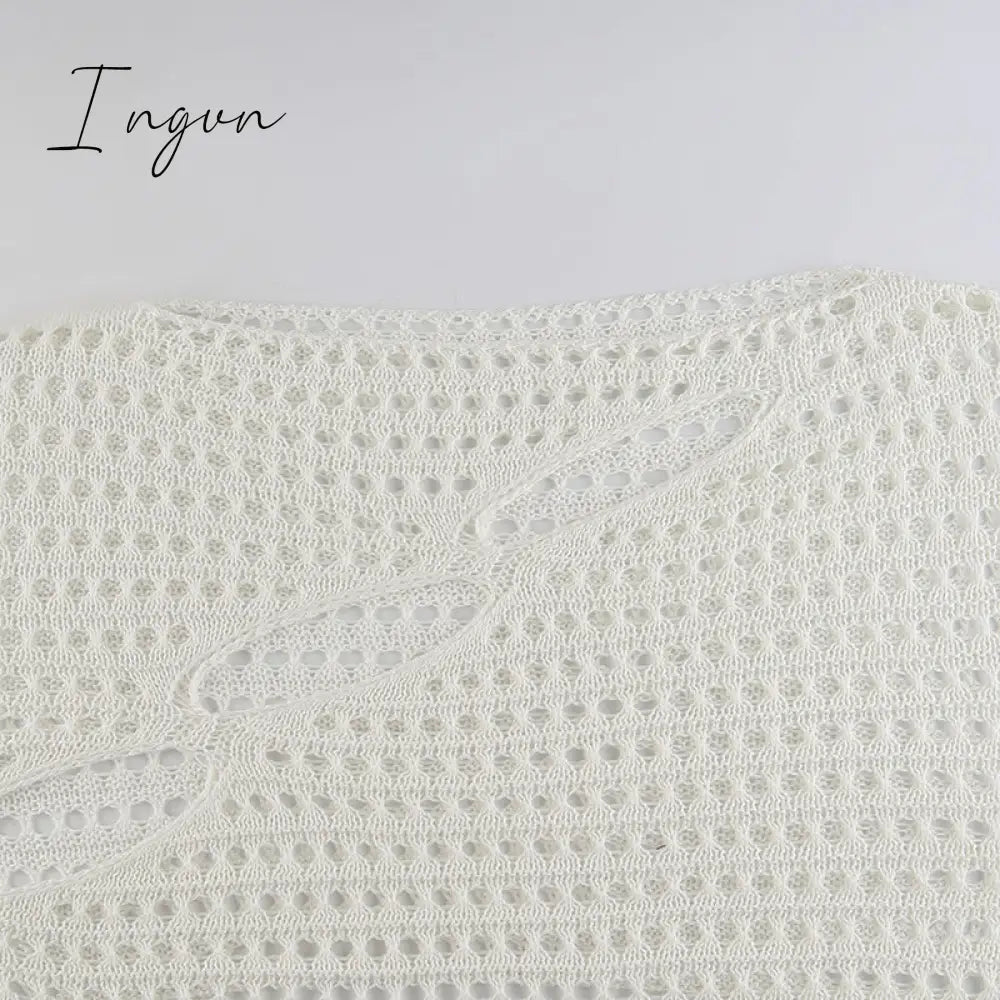 Ingvn - Hot Sell Irregular Hollow Out Knitted Y2K T-Shirts Women Summer Vacation Clothes O Neck Flare Sleeve See Through Casual Tops