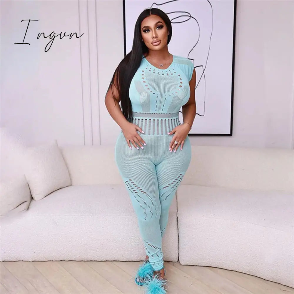 Ingvn - Hollow Out Knitted Mesh Jumpsuits Women Sexy See Through Long Sleeve Hipster Stretchy Skinny Overalls Clubwear Romper