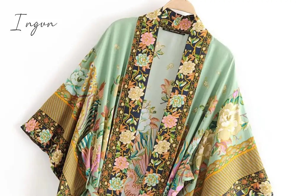 Ingvn - women peacock floral print bat sleeve beach Bohemian Kimono robe Ladies V neck Tassel Summer happie dress vestidos