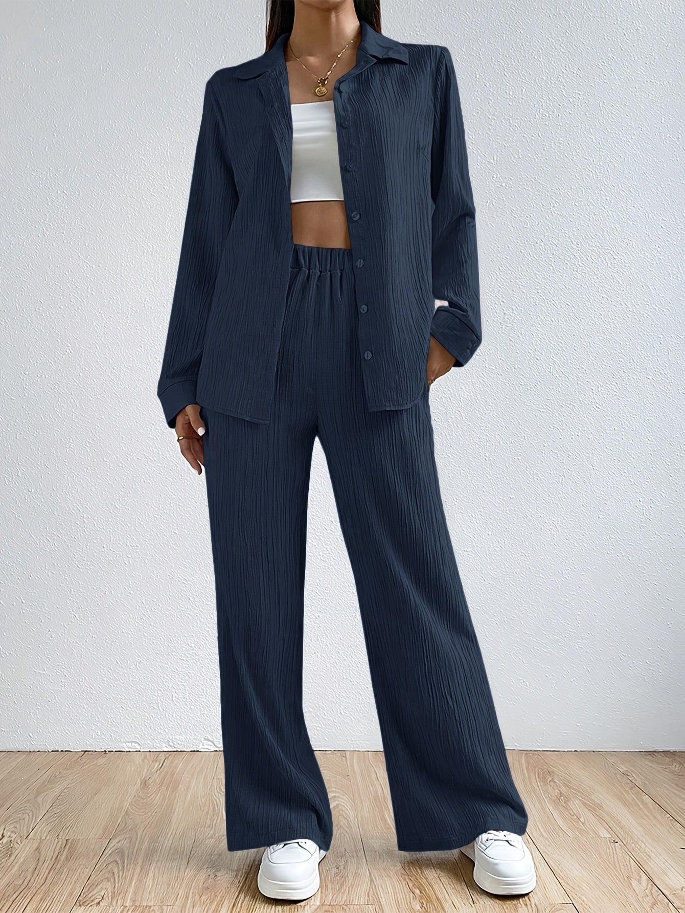 Stylish Solid Color Pantsuits - Women's Clothing - Long Sleeve Button Front Collared Shirt, Elastic Waist Wide Leg Pants, Comfortable Outfits for Daily Wear, Office, Party, and Casual Occasions