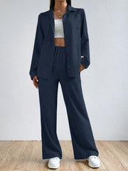 Stylish Solid Color Pantsuits - Women's Clothing - Long Sleeve Button Front Collared Shirt, Elastic Waist Wide Leg Pants, Comfortable Outfits for Daily Wear, Office, Party, and Casual Occasions