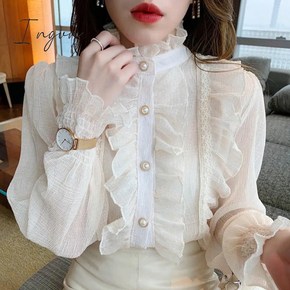 Ingvn - Woman Chic Long Sleeve Stand Collar Blouses Women Casual Loose White Tops Korean Lace Ruffles Elegant Chiffon Shirt Blusas