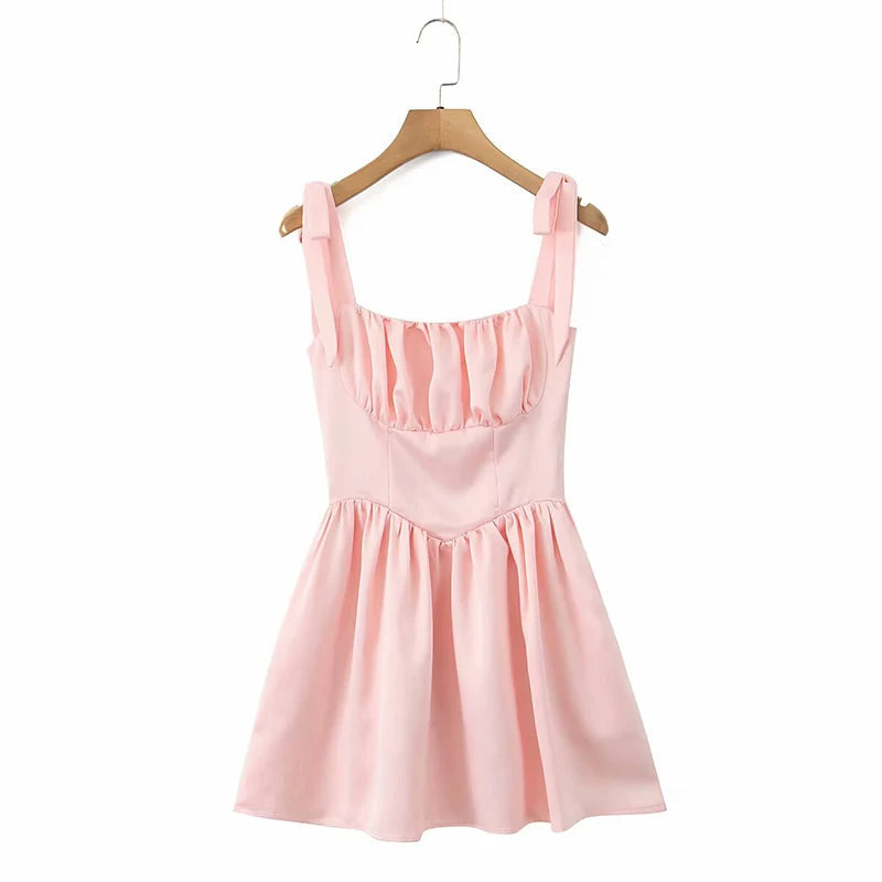 4 Color Sexy Spaghetti Straps Mini Dress Women Low Waist A-line Holiday Summer Party Dresses French Style Lace Up Robe