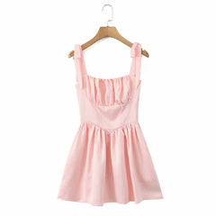 4 Color Sexy Spaghetti Straps Mini Dress Women Low Waist A-line Holiday Summer Party Dresses French Style Lace Up Robe