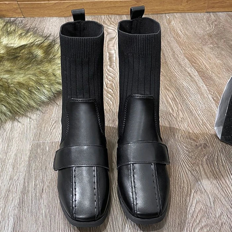 Ingvn  Female Ankle Boots Sock Short Shoes For Women Elastic Booties Brown Footwear Comfortable And Elegant On Offer Korean Style Pu