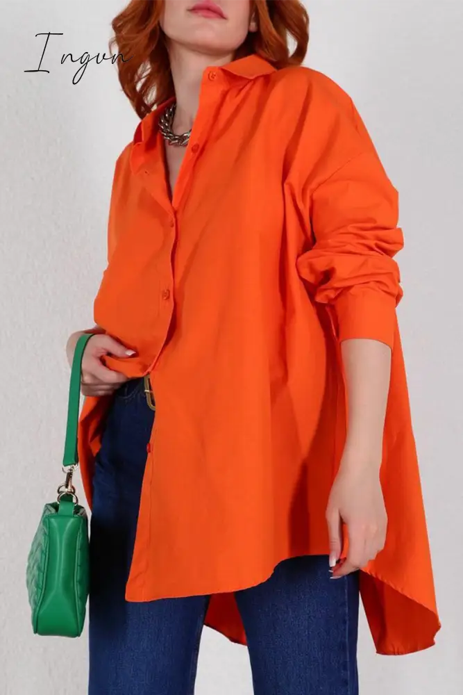 Ingvn - Street Solid Buttons Slit Turndown Collar Tops