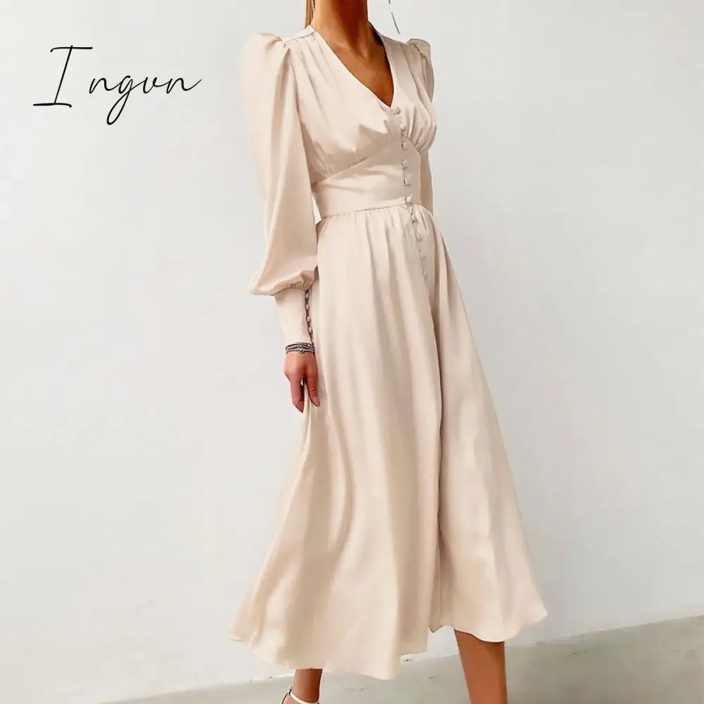 Ingvn - Elegant spring satin bishop sleeve a-line dress women V-neck high waist button dress solid Vintage long dresses chic
