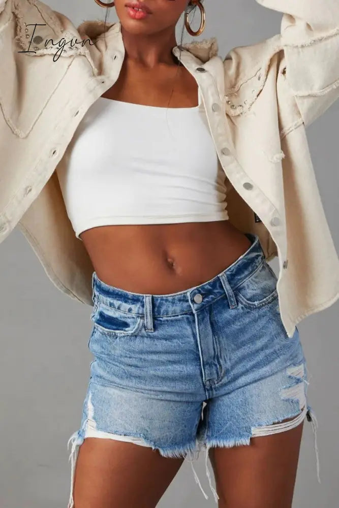 Ingvn - Casual Solid Patchwork Turndown Collar Long Sleeve Regular Denim Jacket
