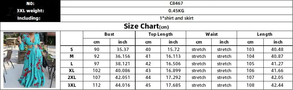 Ingvn - Summer Fashion African Women Long Sleeve V-neck Polyester Printing Yellow Orange Green Two Pieces Sets Top and Long Skirts
