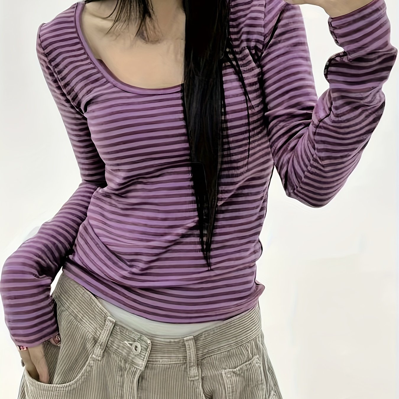 Cozy Striped Long Sleeve Crew Neck T-Shirt - Soft, Breathable, and Stylish for Spring & Fall - Women's Casual Wear for Everyday Comfort