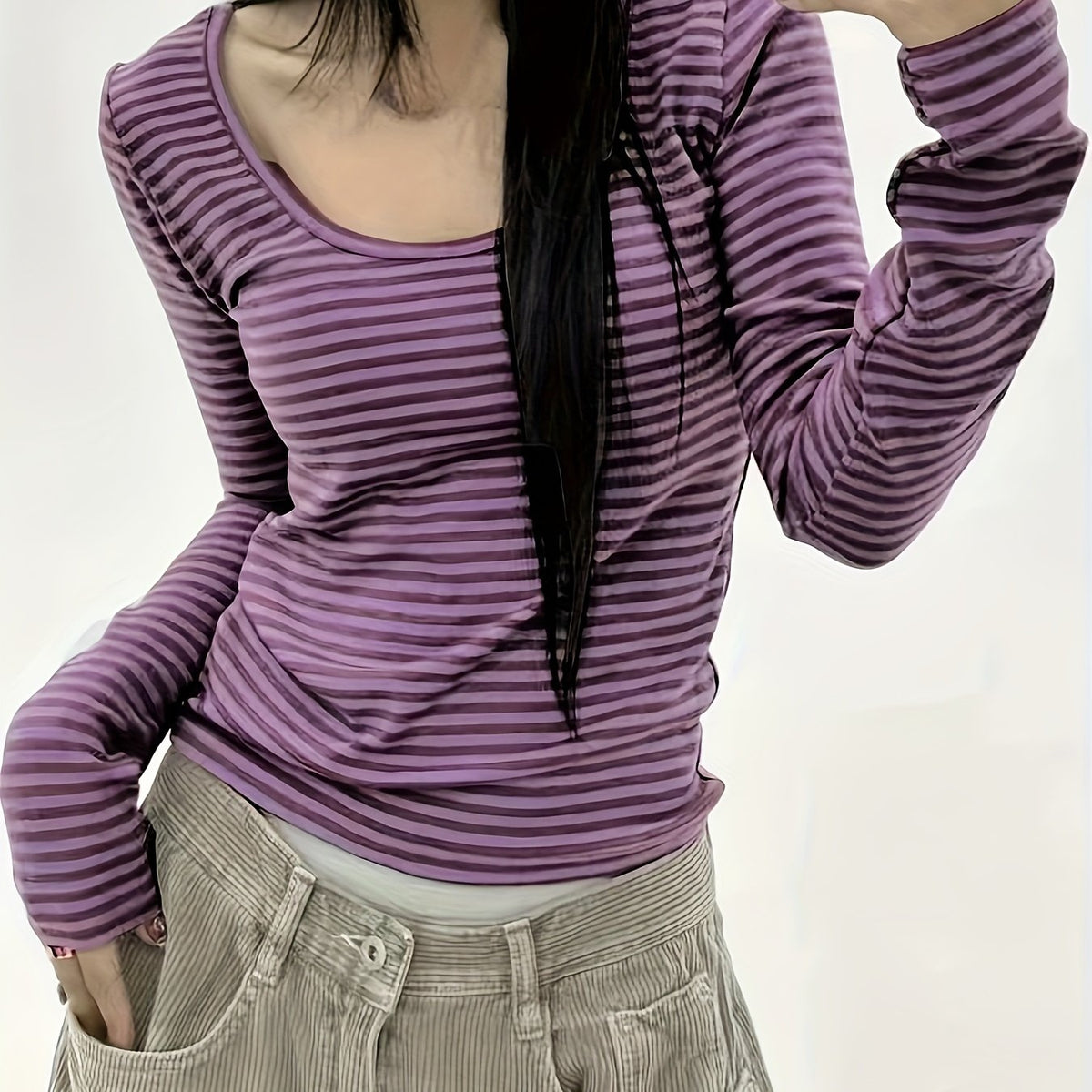 Cozy Striped Long Sleeve Crew Neck T-Shirt - Soft, Breathable, and Stylish for Spring & Fall - Women's Casual Wear for Everyday Comfort