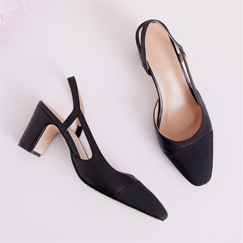 Meotina Low Heels Real Leather Slingbacks Shoes Women Square Toe Pumps Thick Heel Shoes Brand Design Lady Footwear  Size 40