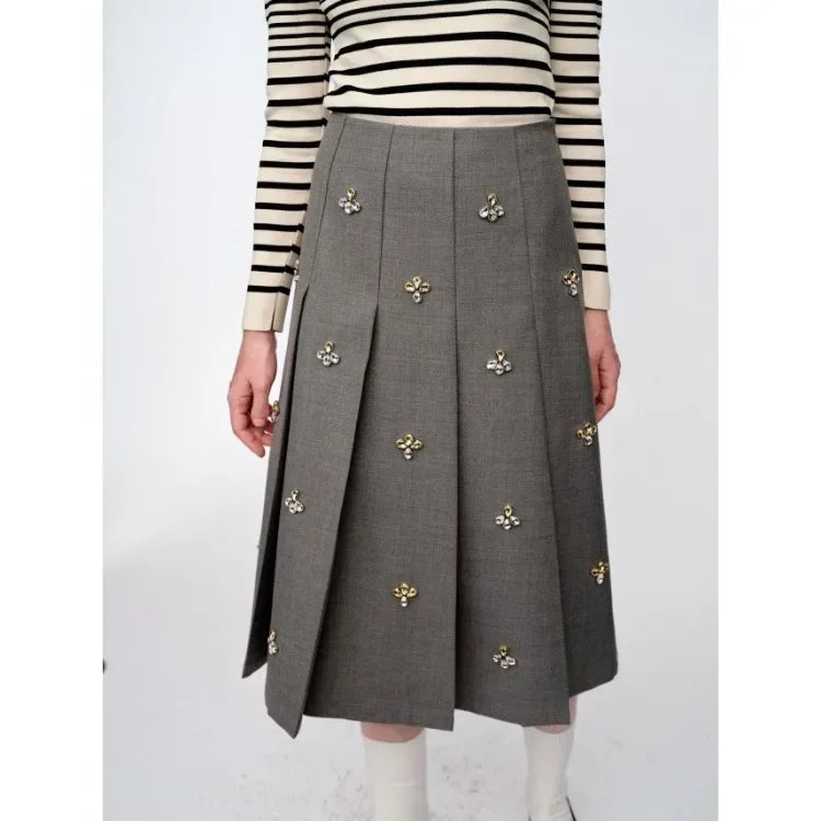 Korean Bead Half Skirt Vintage Preppy A-line Pleated Skirt Slimming Sweet Umbrella Skirts for Woman Faldas Para Mujeres