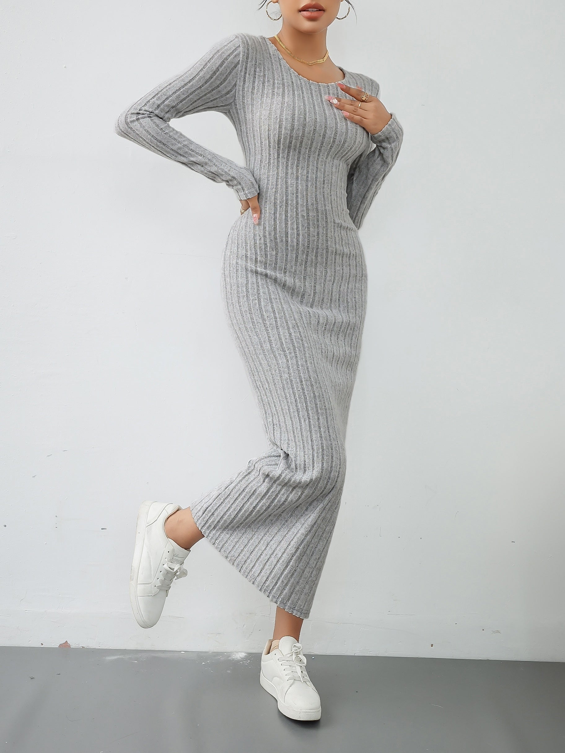 Stylish Solid Ribbed Split Dress - Elegant Women's Long Sleeve Crew Neck Dresses for Everyday Wear - Comfortable, Versatile, and Chic Clothing for Ladies