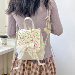 Ingvn  Elegant Fashion Womens Backpack Flower Korean Style Casual Bow Sweet Small Backpack Pu Leather Luxury Female Aesthetic Bags
