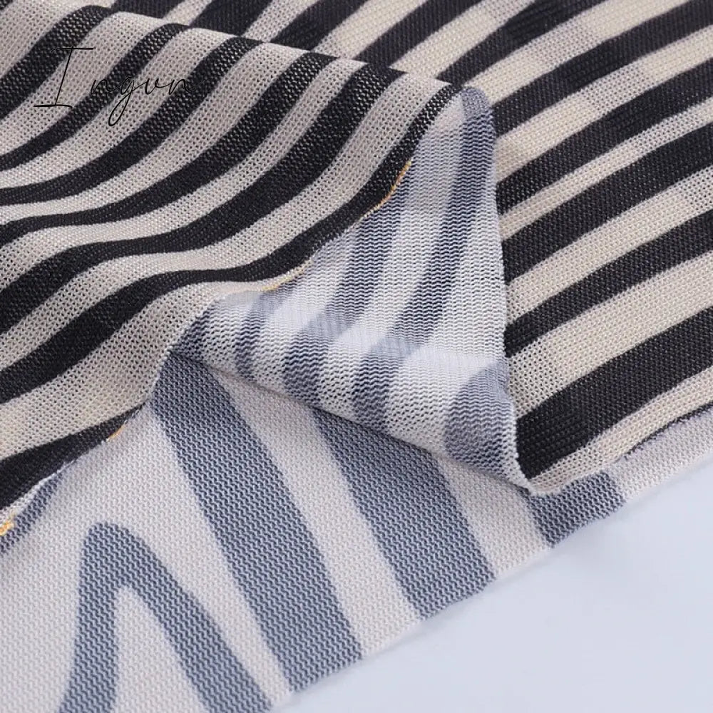 Ingvn - Autumn Mesh Zebra Striped Sets Women 2 Piece Suit T-shirt + Long Pants See-through Sexy Co-ord Set Female Tracksuit Costume