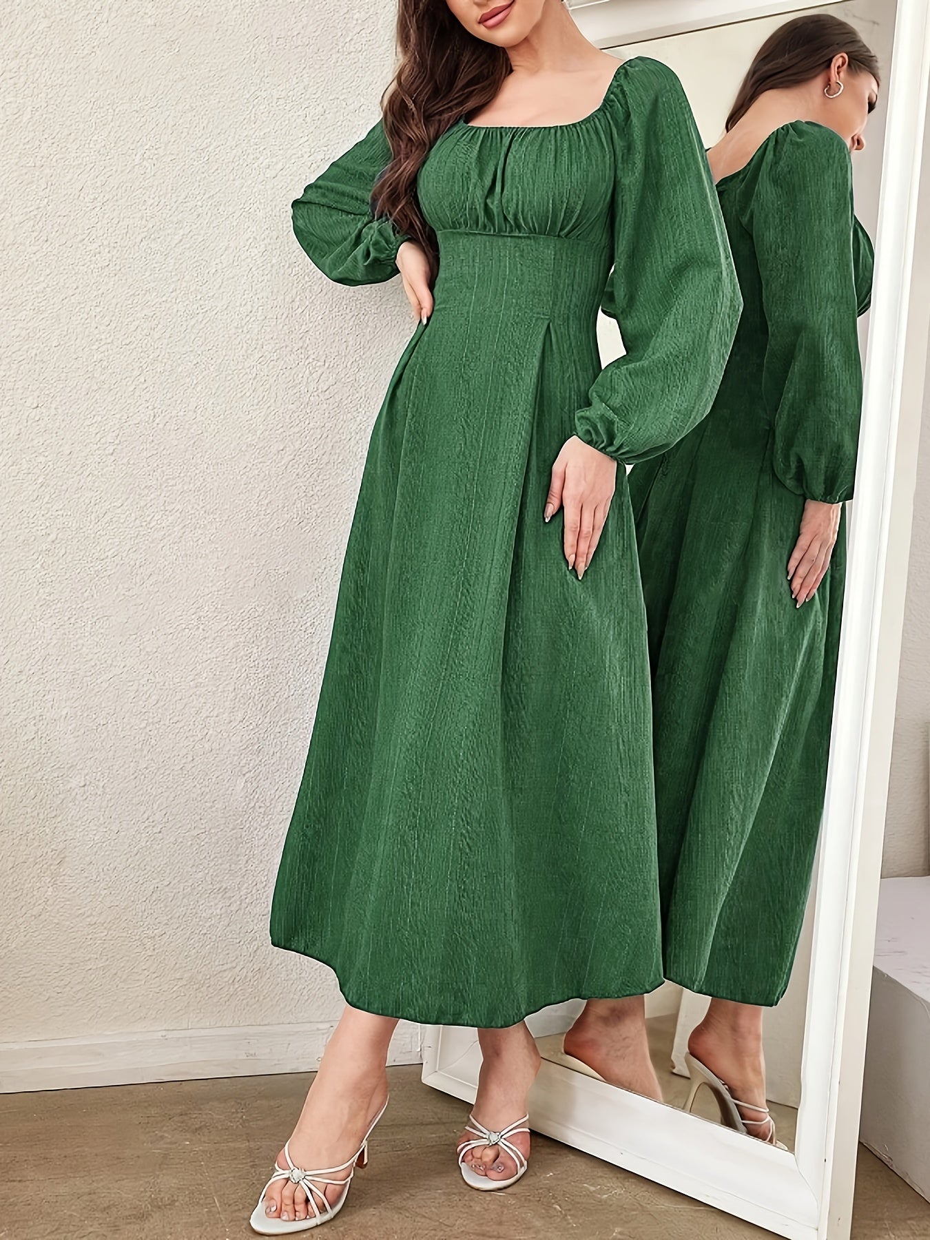 Stunning Textured Cross Tie Lantern Sleeve Midi Dress - Elegant Square Neck, Drawstring Waist, Semi-Sheer, Solid Color, Polyester, Machine Washable, Customized Fitted Design for Women - Perfect for Spring and Fall Seasons