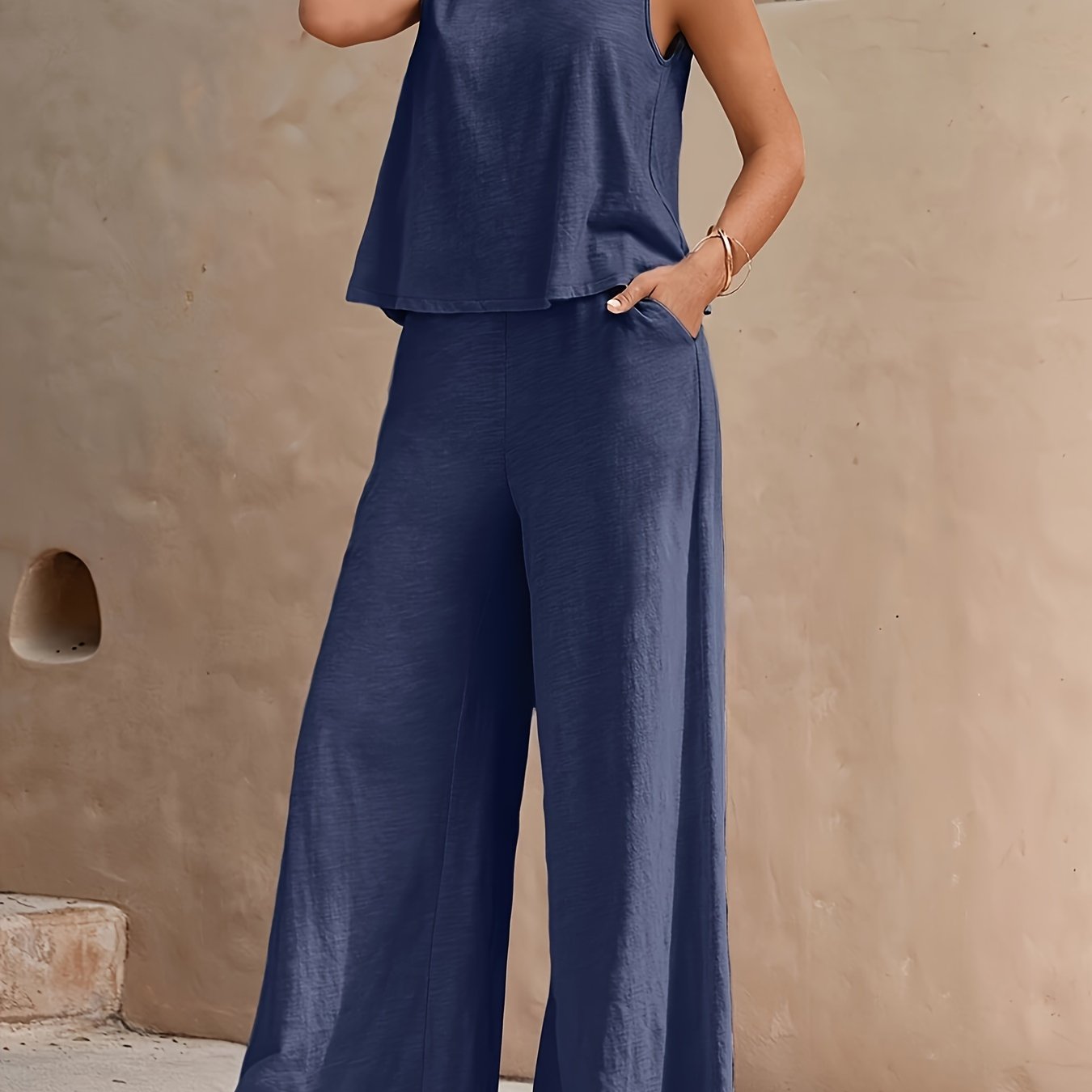 Casual Solid Color Two-piece Pants Set, Sleeveless Crew Neck Tank Top & Slant Pockets Wide Leg Pants Outfits, Women's Clothing