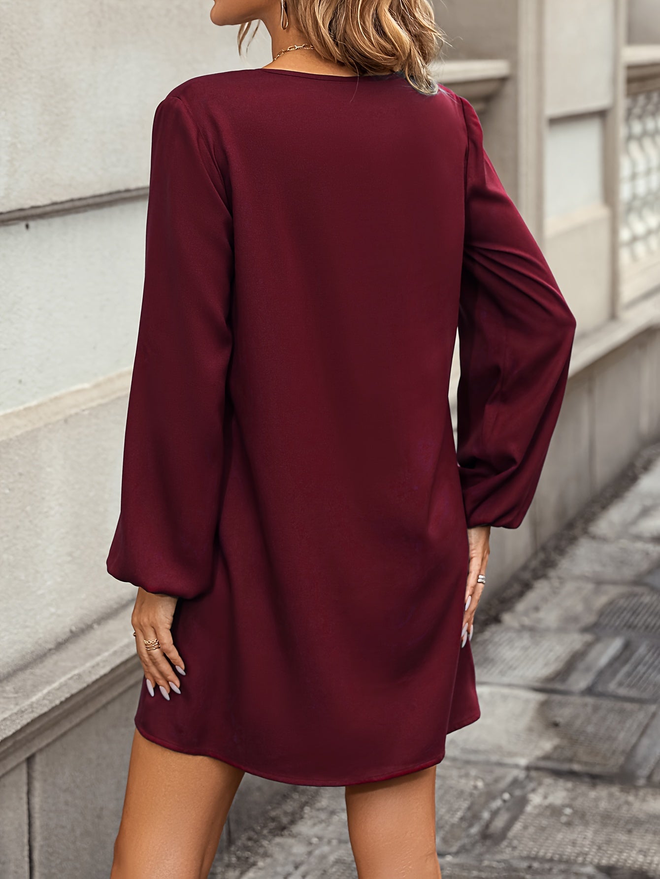 Elegant Lantern Notched Neck Mini Dress - Women's Simple Long Sleeve Dresses for Special Occasions - Classic, Chic, and Comfortable Clothing for Ladies