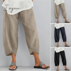 Ingvn - Vintage Harem Pants Women Casual Loose Printed Elastic Waist Cotton Linen Wide Leg Pants Summer Irregular Pantalon Cropped Pants