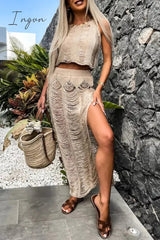 Ingvn - Sexy Vacation Solid Hollowed Out Slit O Neck Sleeveless Two Pieces