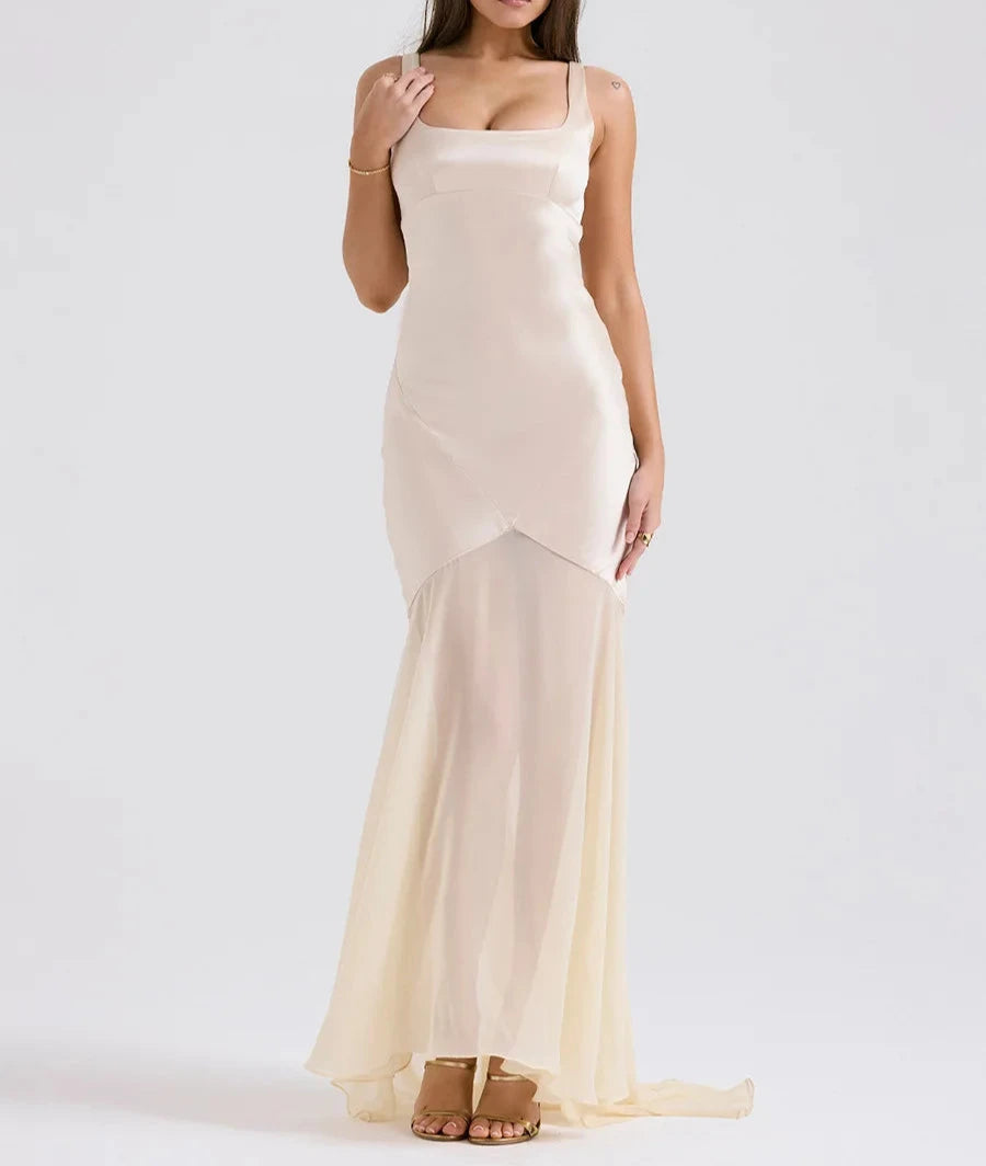 Elegant Women Spring High Chiffon Splicing Dress Slim Backband Wrapped Hip Forged Face Dress Elegant Floor Evening Dress