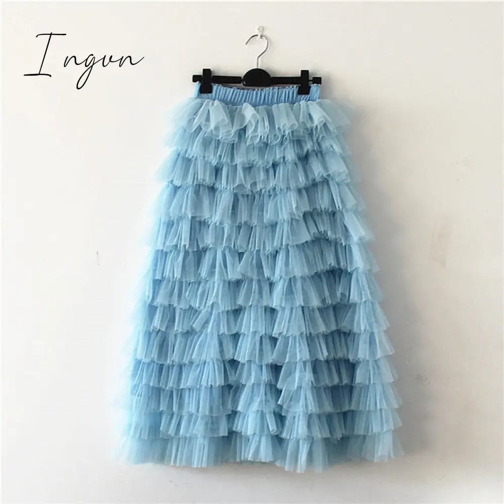 Ingvn - jupe femme Spring Party Skirt Elastic High Waist Long Tulle Skirt Women Multilayer ruffles Pink Mesh Tutu Skirt Ladies