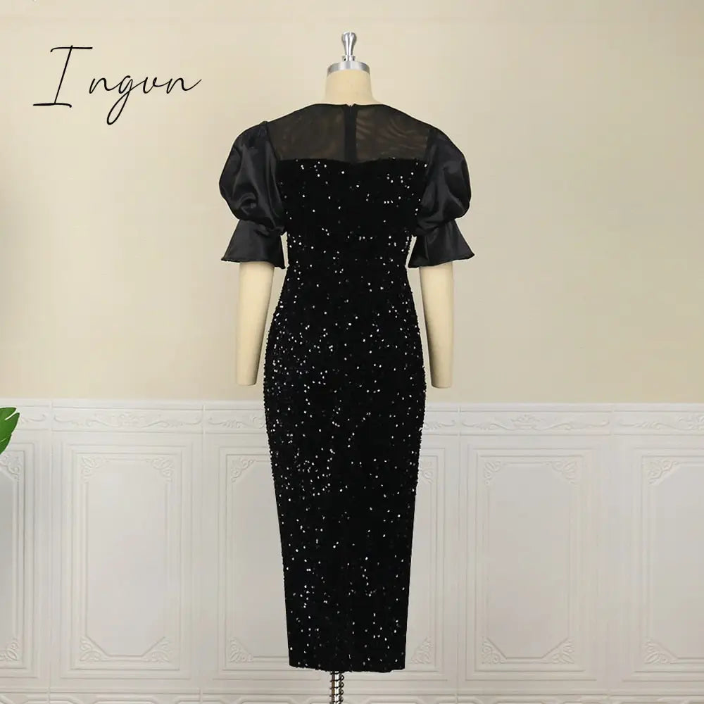 Ingvn - Womens Fashion Women Black Long Dress Sequined Shiny Glitter Embroidered Chest Wrapped Puff Sleeve Classy Winter Fall Party Celebrity Birthday