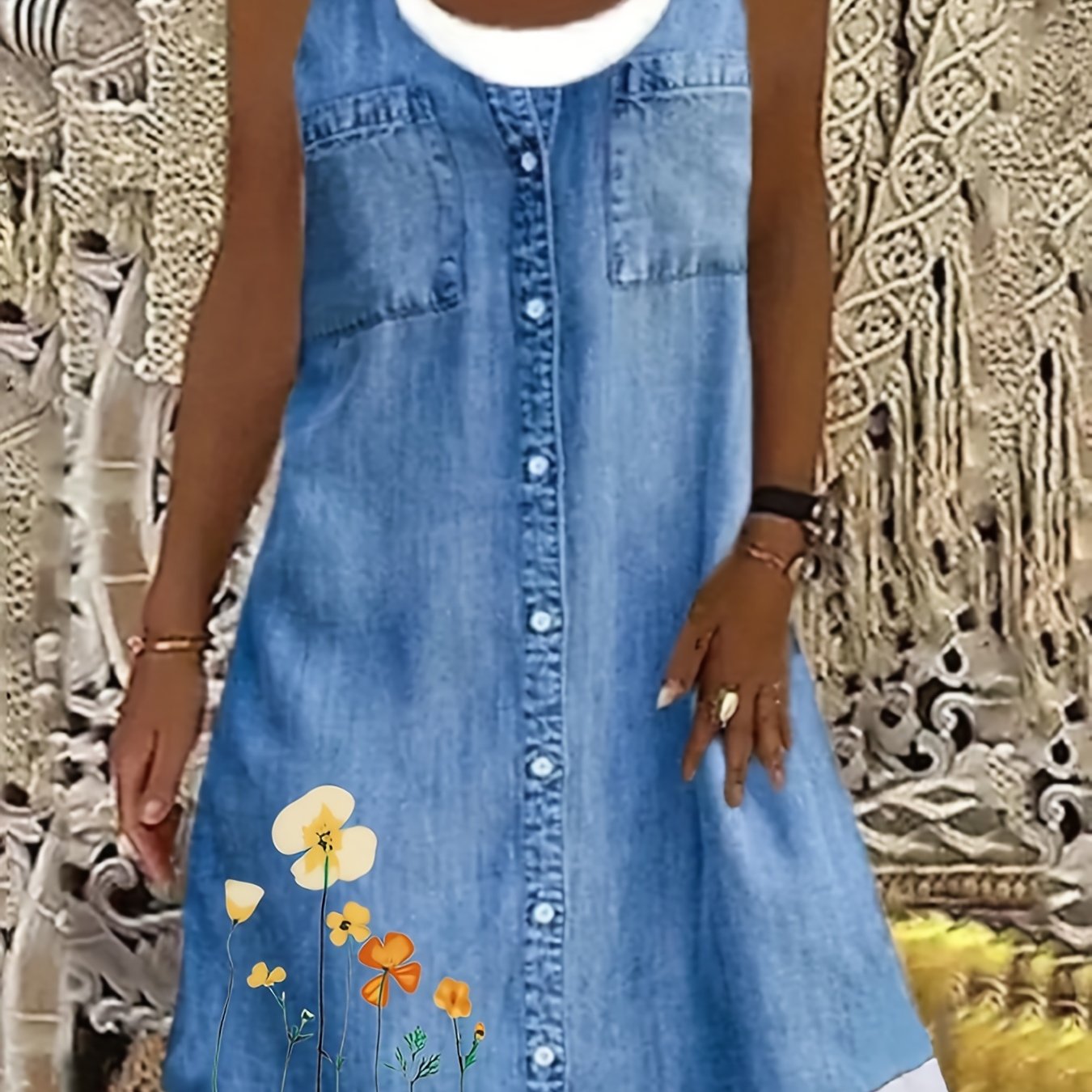Plus Size Floral Denim Charm - Womens Casual Round Neck Loose Tank Dress with Boho Style - Comfortable & Fashionable for All Seasons