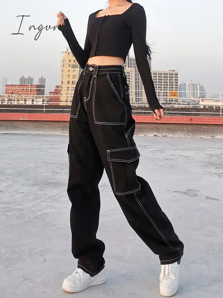 Ingvn - Womens Fashion Trends Pockets Patchwork Baggy Jeans Fashion Streetwear 100% Cotton Women Denim Trouser Loose Cargo Pants Korean Jeans Harajuku