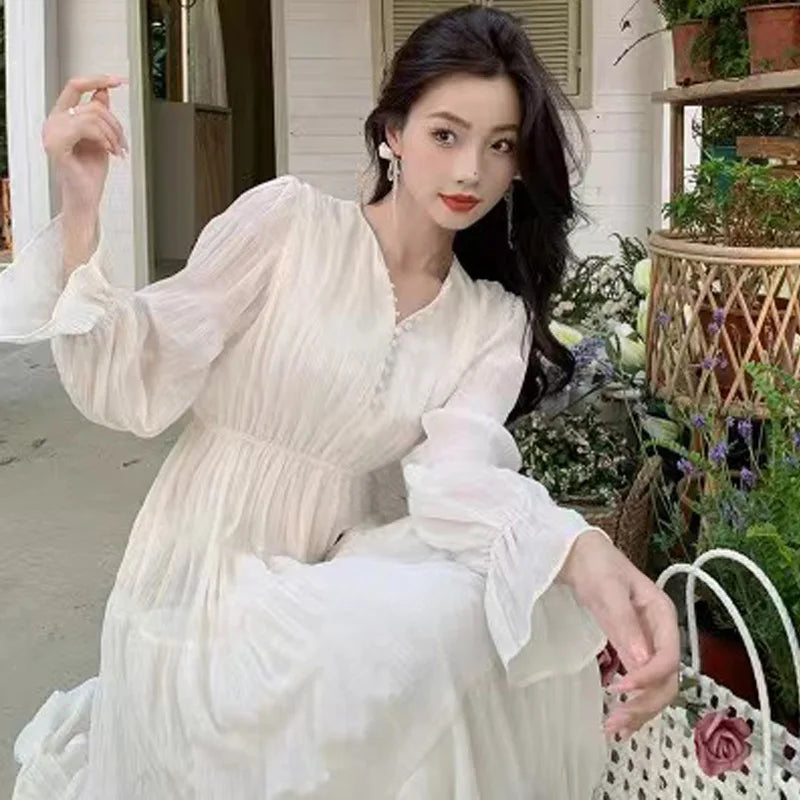 Elegant Princess Evening Dress for Women High Waist A-line V-Neck Autumn French Casual Prom Robe One Piece Vestidos Mujer New