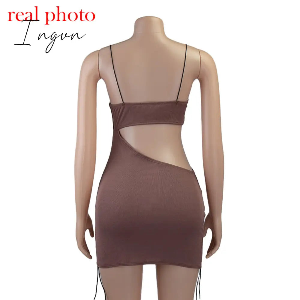 Ingvn - Spaghetti Strap Drawstring Ruched Cut-Out Sexy Backless Mini Dress for Women Club Party Sleeveless Dresses Bodycon